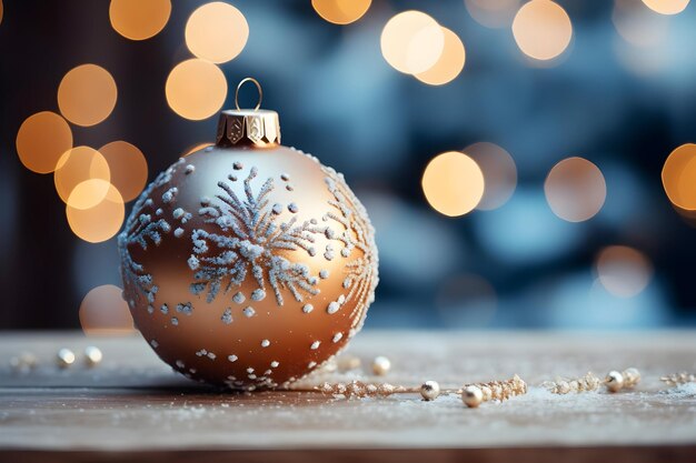 Photo gold christmas ornament with snowflake design on wooden table with bokeh background photo