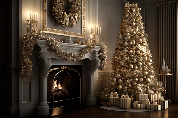 A gold christmas tree is in front of a fireplace.