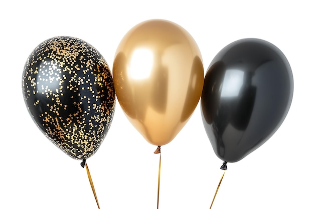 Photo gold chrome and black balloons with confetti on white background