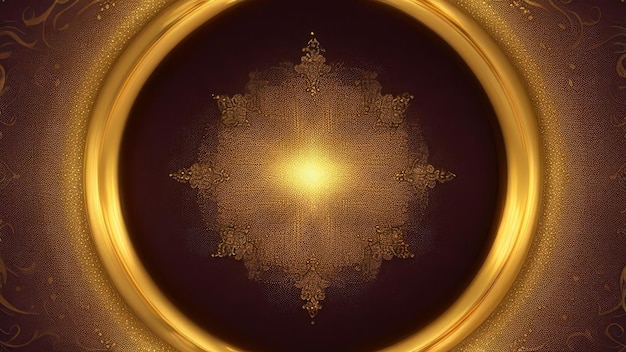 A gold circle with a dark purple background and a gold circle with a pattern of stars.