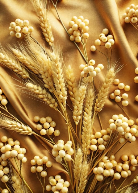 Photo a gold cloth with wheat ears and wheat ears