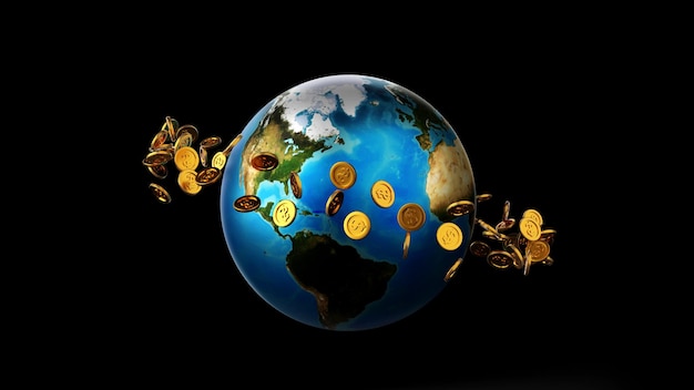 Gold coin and banknote around the globe or earth world business concept element by NASA 3D rendering