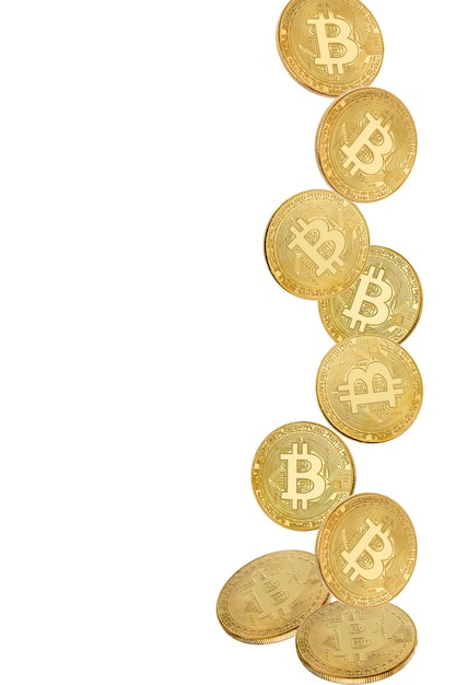 Gold coin of bitcoin in levitation on white