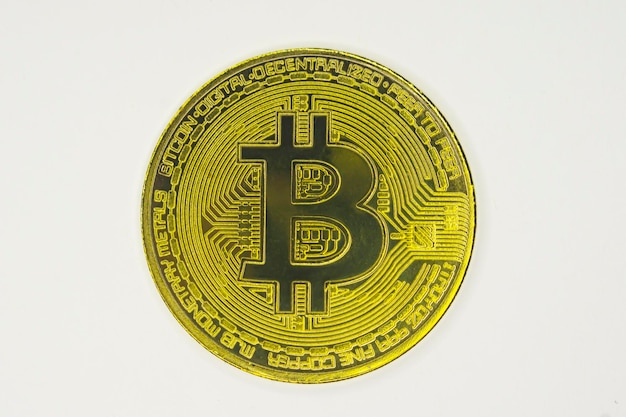 Gold coin Bitcoin on white background The concept of crypto currency Blockchain technology