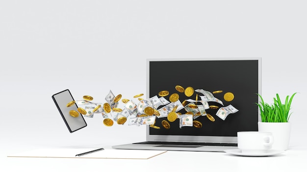 Gold coin money flying out of laptop screen online market success concept 3D rendering