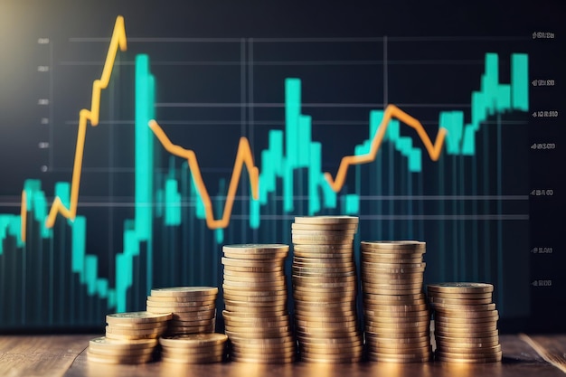 Gold coin stacks with a line graph backdrop representing financial growth and investment analysis