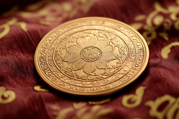 a gold coin with a flower on it is on a cloth