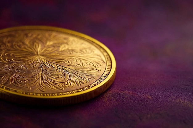 a gold coin with a flower on it sits on a purple surface