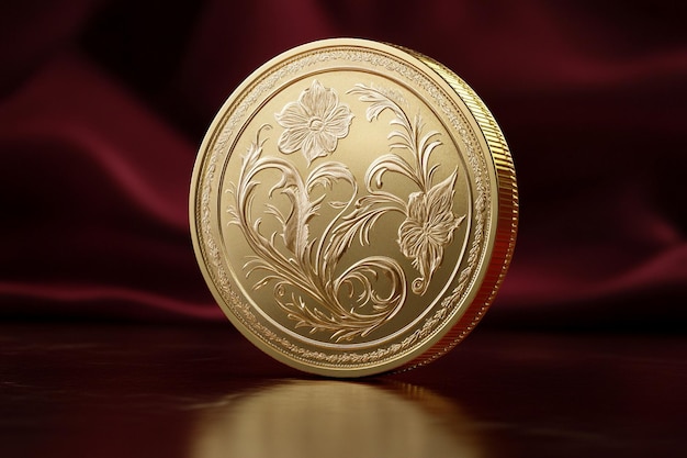 a gold coin with flowers on it is on a red background