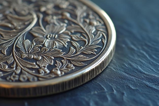 a gold coin with flowers on it sits on a marble surface