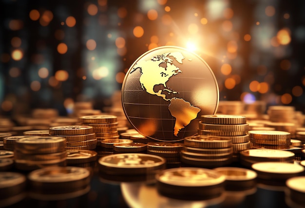 A gold coin with a world map on top of a pile of coins