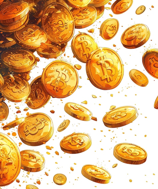 Photo gold coins are scattered on a white background