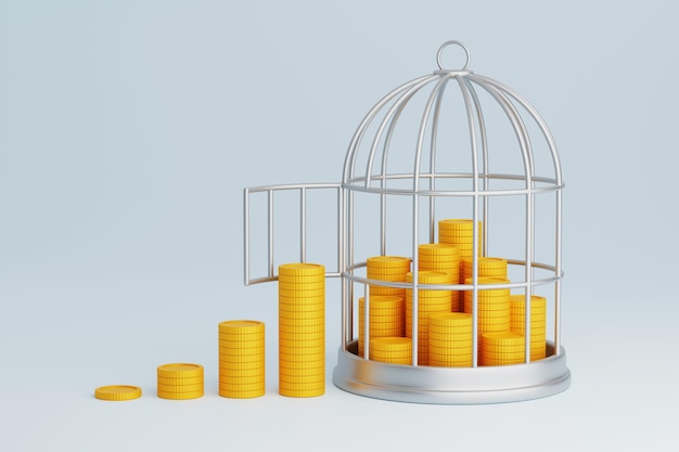 Gold coins bait for a trap Money scam Stacks of golden coins in a cage 3d render