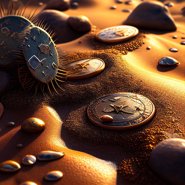 gold coins on desert sand in water droplets generated AI