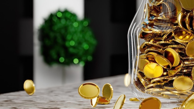 Gold coins dropping into clear glass jar on wooden desk at minimal interior