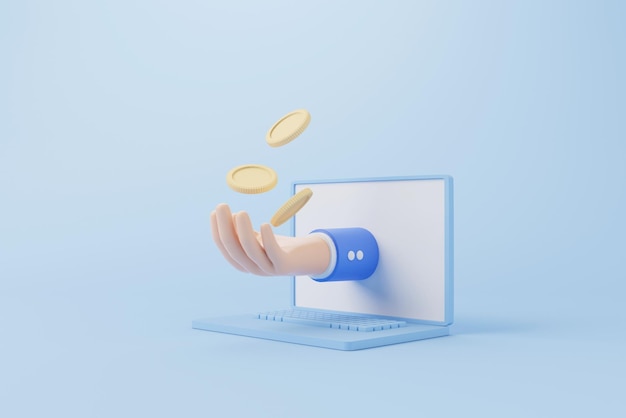 Gold coins fall dropping on hand and computer laptop on blue background Fintech finance innovation technology Cryptocurrency blockchain 3d render illustration