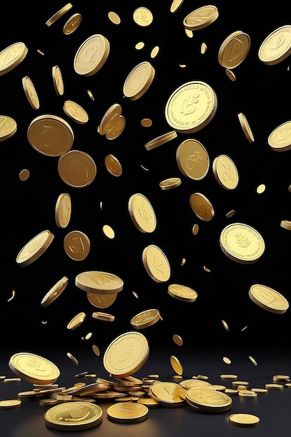 Gold coins falling on black background with copy space 3D render