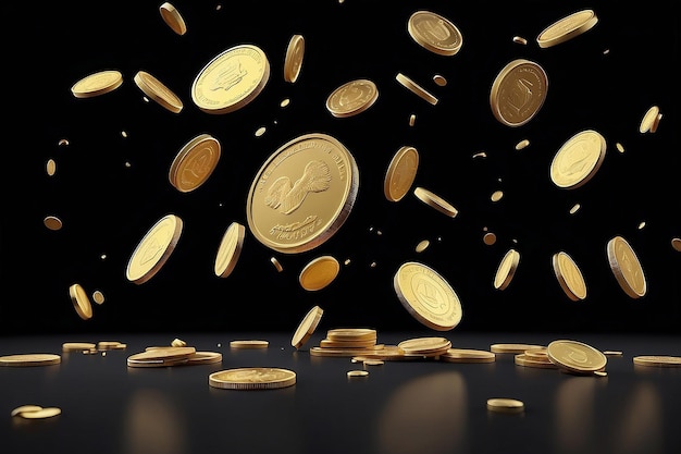 Gold coins falling on black background with copy space 3D render