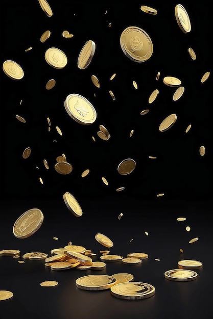 Gold coins falling on black background with copy space 3D render