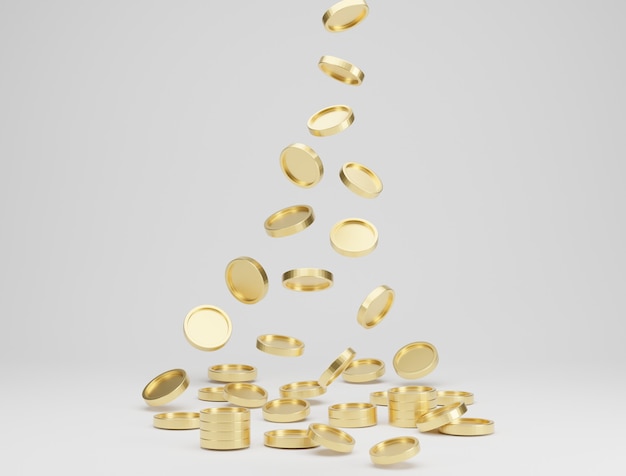 Gold coins falling or flying on white background. Jackpot or casino poke concept. 3d rendering.