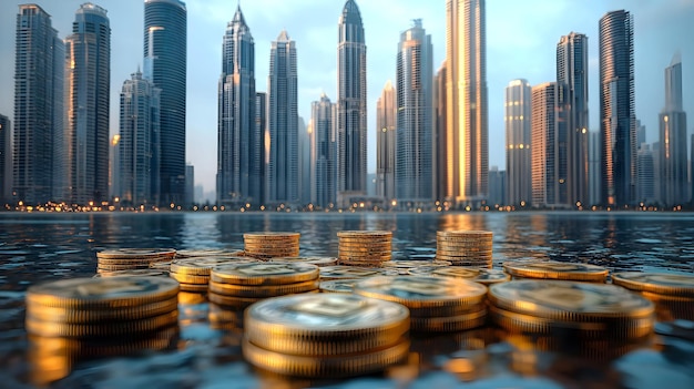 Gold Coins Floating in Water with City Skyline in Background