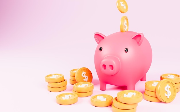 gold coins Pink piggy bank investment concept Putting coin in the piggy bank 3d rendering