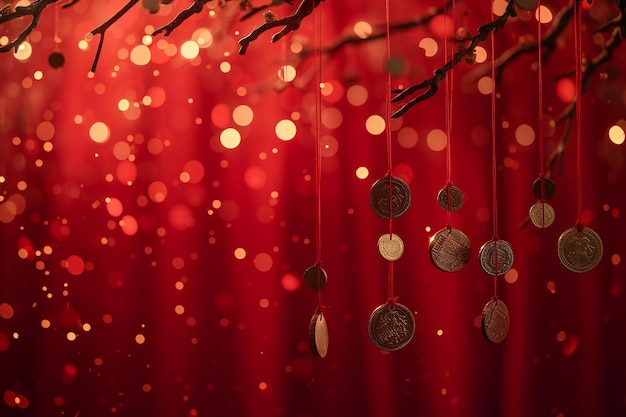 Gold coins on a red background with bokeh Christmas and New Year concept