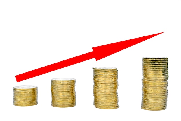 Gold coins stack growth with red arrow on white background