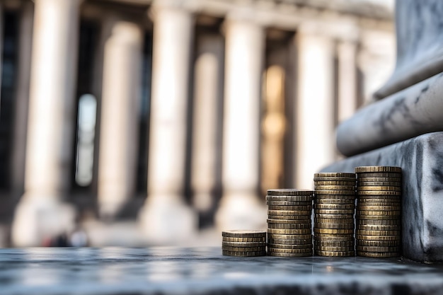 Photo gold coins stacked in front of a blurred ancient building