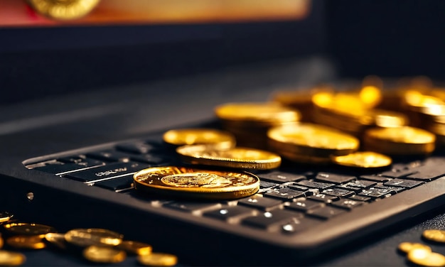 Gold Coins Stacked On Laptop Golden Coin Future Concept with Dark Background