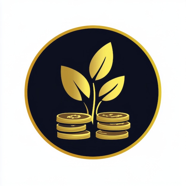 Photo gold coins with growing plant on top inside a circle on black background