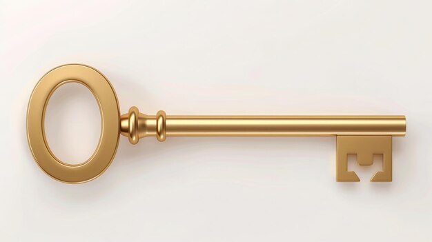 Gold colored bronze key on white background Horizontal composition with clipping path