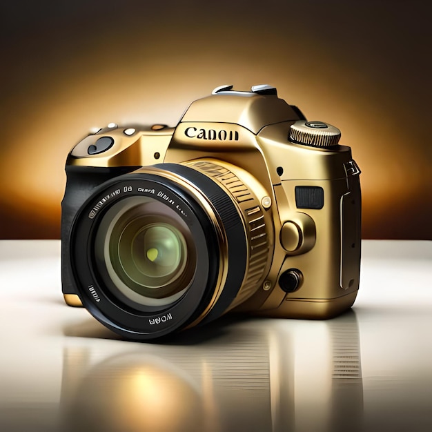 A gold colored camera with the word canon on it.