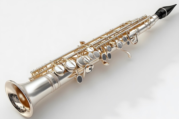 a gold colored clarinet with a silver top and silver buttons