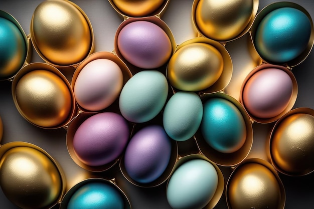 Gold colored eggs background Colorfull top view of eggs for Easter day celebration