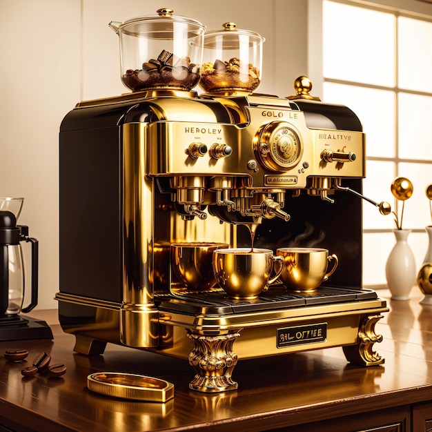 A gold colored espresso machine with a few other items on it.