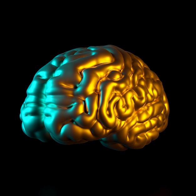 Gold colored human brain, 3d rendered image