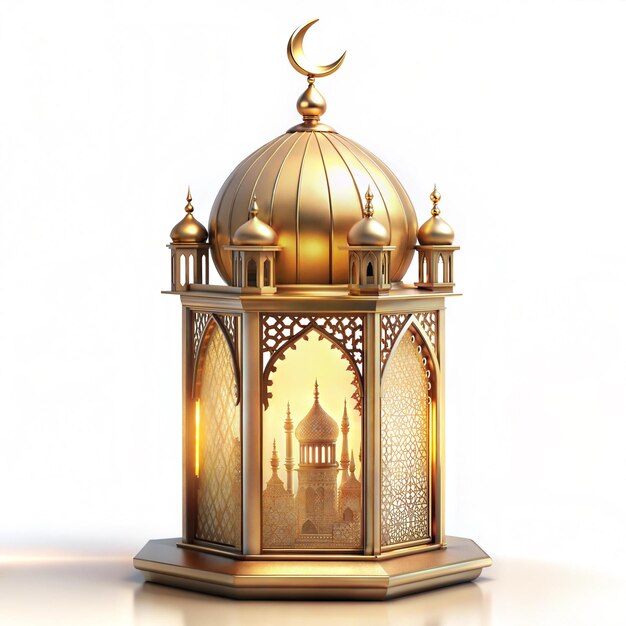 A gold colored lantern with a light on it and a lamp that says a mosque