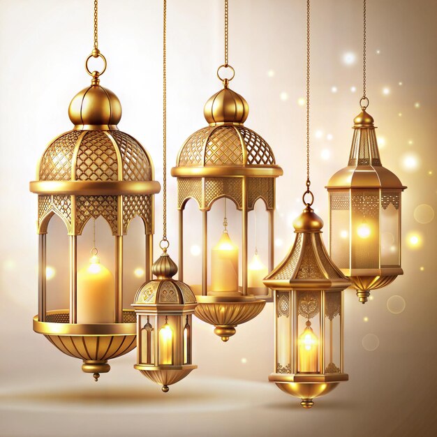 A gold colored lantern with a light on it and a lamp that says a mosque