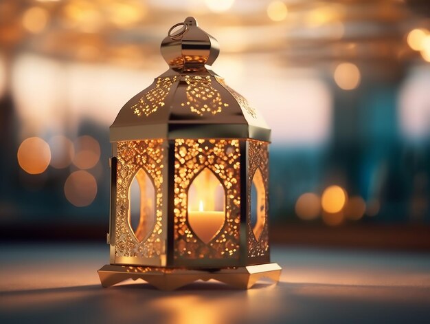 A gold colored lantern with the light shining on it