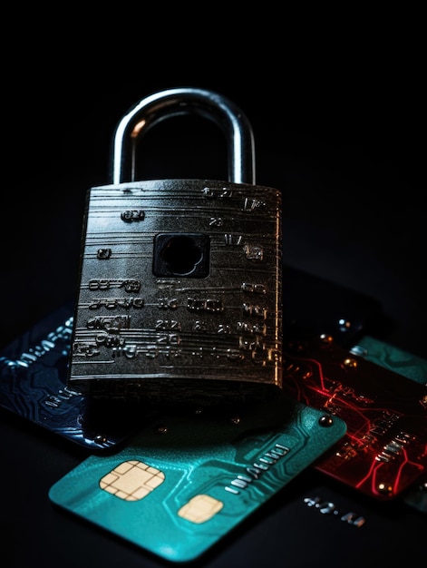 Photo a gold colored lock sits on top of a stack of credit cards