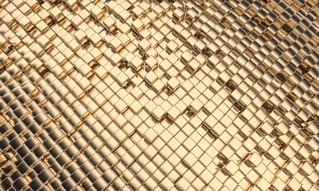 Gold colored mosaic with cubic geometric shapes, diagonal orientation. 3d render.