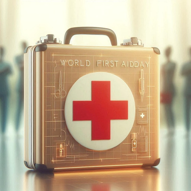 Photo a gold colored suitcase with a red cross on it