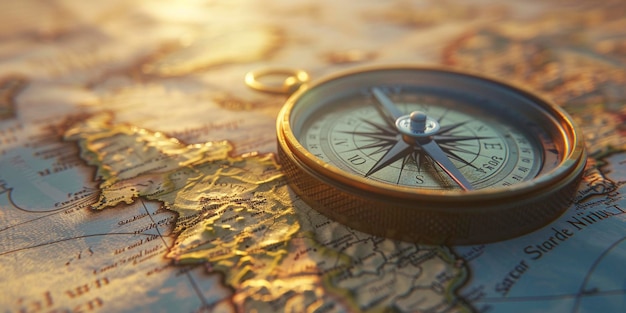 a gold compass sits on a table with a gold chain