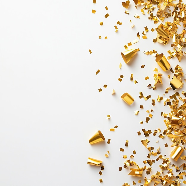 Photo gold confetti on white background with space for text