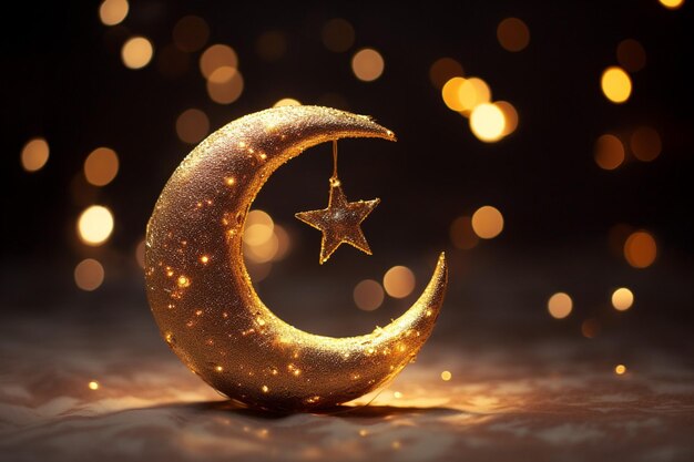 A gold crescent moon with a star on it