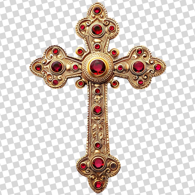 Photo gold cross with a red gemstone on a white background