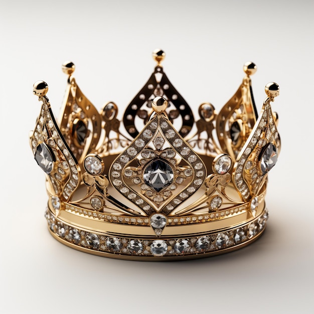 A Gold crown with diamonds on it is sitting on a white surface