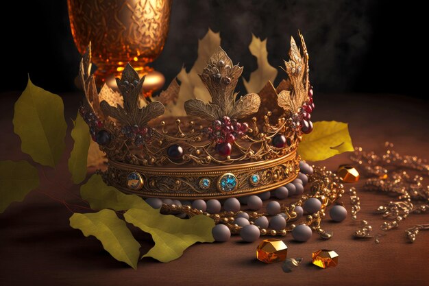 Gold crown with symbol and jewels on table