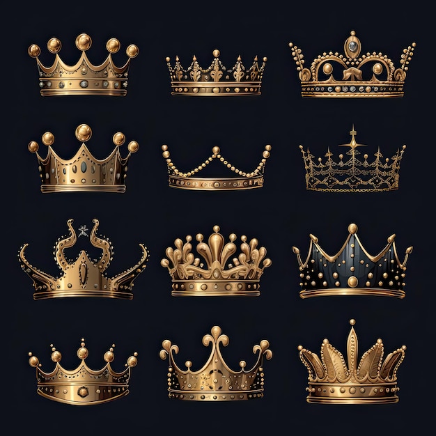 Gold Crowns Set on Black Background Illustration of Elegant and Regal Symbols of Nobility